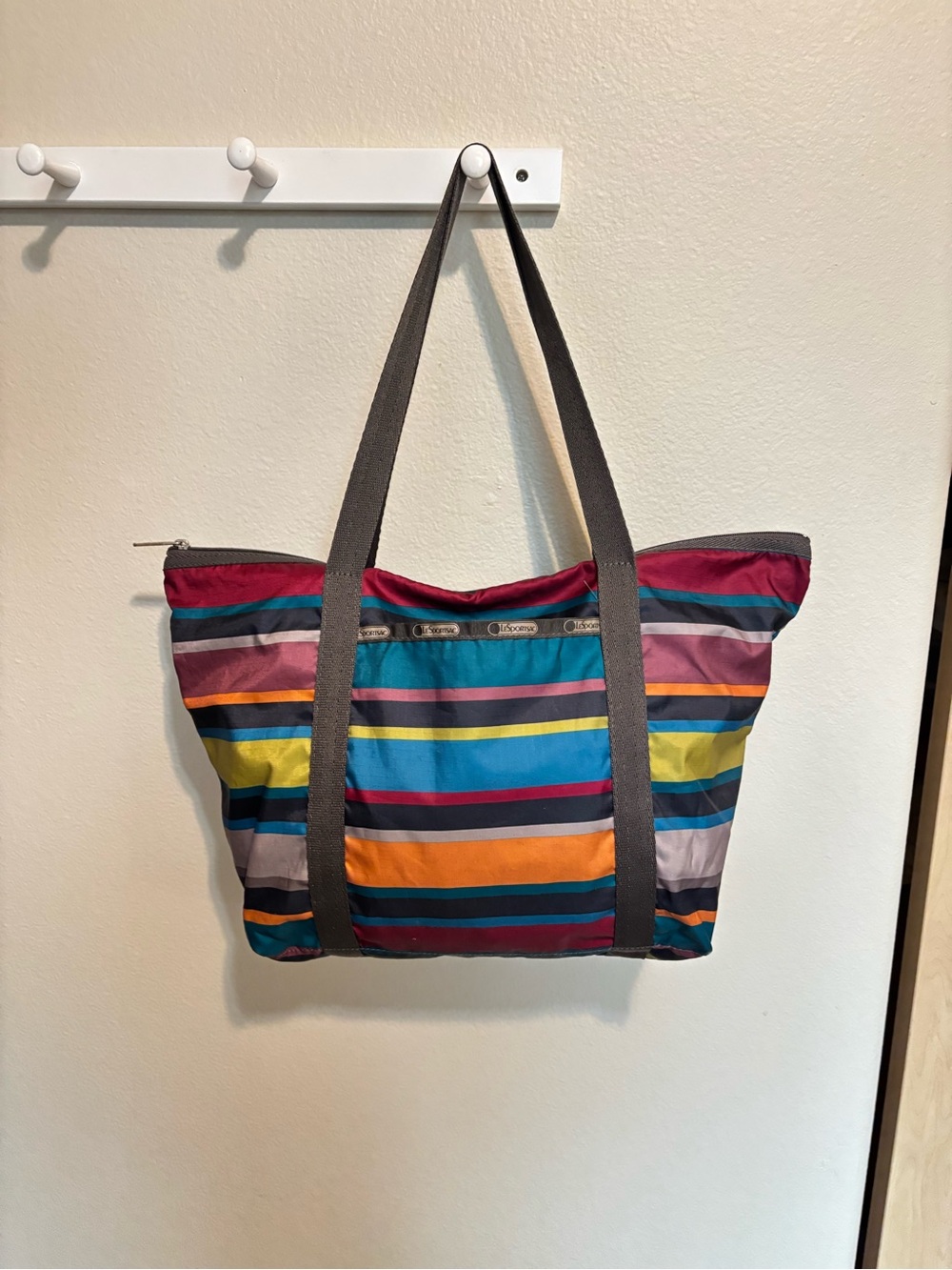 Lesportsac Multicolor Striped Tote — Teal, Orange, Yellow, Pink, Gray